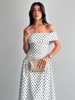 Off-Shoulder White Polka Dot Midi Dress